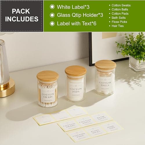INIUNIK 3 Pack Qtip Holder Dispenser - Glass Apothecary Jars with Lids, Cotton Ball Pad Swab Round Holder, Bamboo Bathroom Accessories, Bathroom Organizers Containers Jars Canisters with Lids thumbnail 4