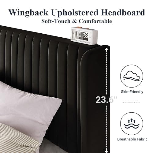 Allewie Full Size Velvet Bed Frame/Vertical Channel Tufted Wingback Headboard/Upholstered Platform Bed/Strong Wooden Slats/No Box Spring Needed/Easy Assembly/Black thumbnail 4