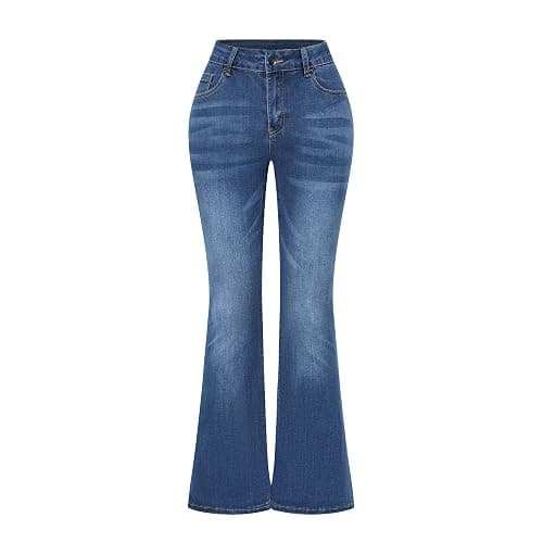 THUNDER STAR Womens Stretchy Mid Rise Flare Jeans Distressed Denim Bell Bottom Pants - Image 1