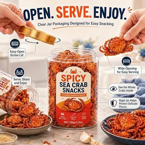 Spicy Sea Crab Snacks, Ready to Eat Crispy Crab, Sweet Chili Thumb Snow Crab with High Protein, Slow-Roasted Shell-On Seafood Snack with Savory Crunch, Canned Portable for Office, Home (100g/3.53 oz) thumbnail 7