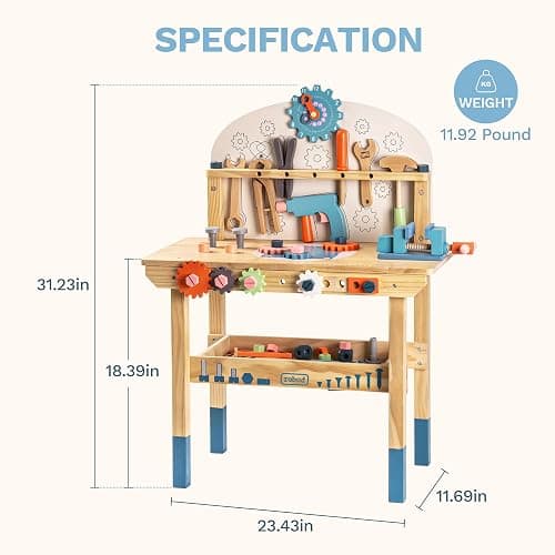 ROBUD Large Wooden Play Tool Workbench Set for Kids Toddlers, Construction Workshop Tool Bench Toys Gift, Multicolor thumbnail 3