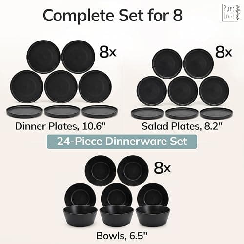 24 Piece Black Dinnerware Set for 8 | Matte Black Plates and Bowls Sets, Modern Stoneware Black Dishes Set | Scratch Resistant, Dishwasher & Microwave Safe | Matte Black Finish Ultra-Chic & Modern thumbnail 7