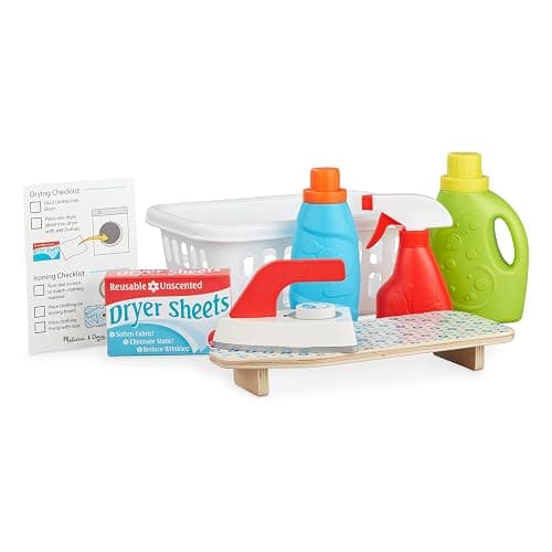 Melissa & Doug Laundry Basket Play Set with Wooden Iron, Ironing Board, and Accessories (14 Pcs) Pretend Play Laundry Set for Kids with Iron thumbnail 4