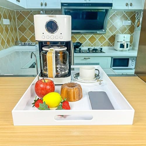 White Rectangular 14x20 Inches Acrylic Ottoman Tray Decorative Serving Tray with Cutout Handles Organizer Tray on Coffee Table Countertop Big Breakfast Bed Tray Living Room Appetizer Serving Food thumbnail 6