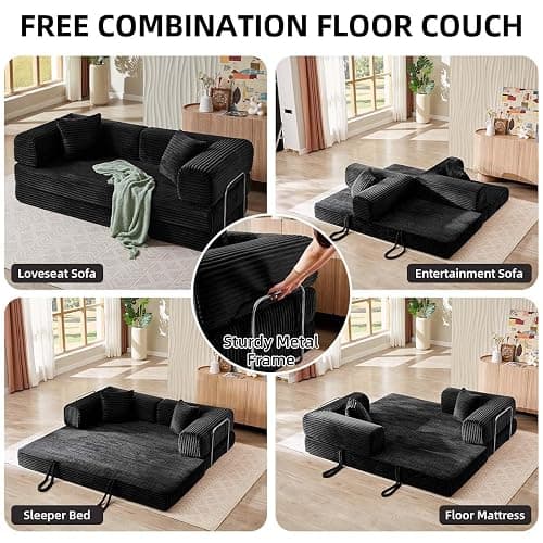 81 Inch Convertible Folding Sofa Bed,Fold Out Floor Sofa Couch with Fixed-Shape Frame,Corduroy Foldable Mattress Cloud Couch for Living Room Bedroom (Black) thumbnail 5