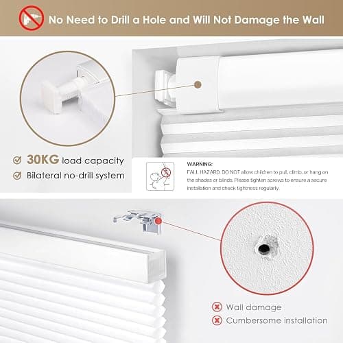 LazBlinds No Tools No Drill Cordless Cellular Shades, Blackout Light Blocking Honeycomb Shades for Home, Thermal Insulation Blinds for Windows, 22" W x 36" H, White thumbnail 2