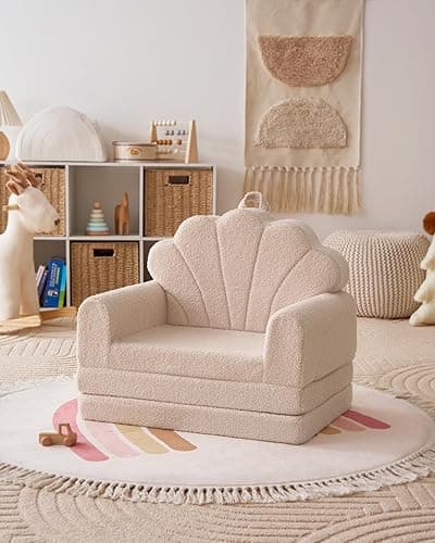 Blissful Diary Kids Couch, 2-in-1 Soft Toddler Couch Fold Out, Toddler Chair Comfy, Convertible Sofa to Lounger, Kids Furniture for Playroom, Gift for Birthday, Children's Day, Beige Shell thumbnail 9