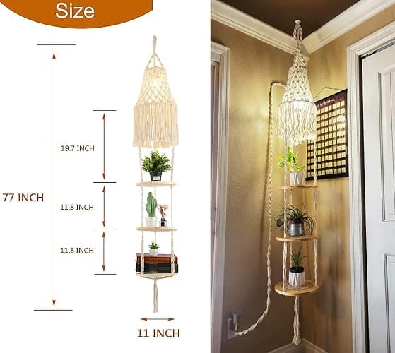 QIYIZM Boho Plug in Pendant Light Hanging Light with Plug in Cord,Dimmable Switch Hanging Lamp Macrame Lamp Shade and Plant Holder Shelf Indoor for Bohemian Decor Bedroom Corner Living Room thumbnail 5