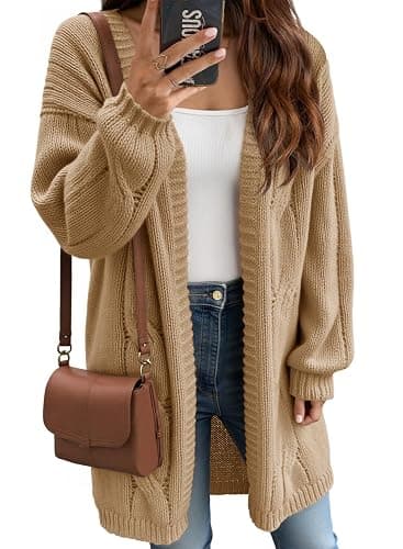 Saodimallsu Womens Fall Cable Long Cardigans Lantern Sleeve Knit Open Front Chunky Loose Fit Sweater Coats - Image 1