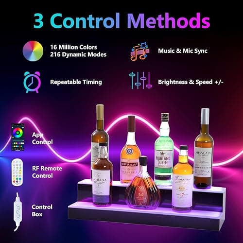 Leekimid Led Lighted Liquor Bottle Display Shelf, 24 Inch 2 Tier Whiskey Rack, Support USB, Bar Stand with RF Remote & App Control, Illuminated Acrylic Lighting Shelves for Home Bar, Party thumbnail 3