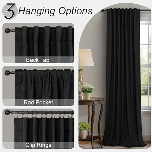 Black Curtains 84 Inches Long for Bedroom 2 Panel Set Linen Textured Total Blackout Thermal Insulated Darkening Dark Curtains Black Out Shades for Living Room Floor Length Window Drape Back Tab Pocket thumbnail 6