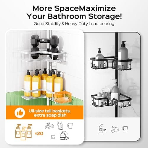 HAMITOR 4-Tier Bathtub Shower Caddy, Tension Pole Corner Shelves, White | Rustproof L-Shaped Adjustable Organizer, No-Drill Bathroom Accessories with Hooks, Space-Saving For Apartment, Renters thumbnail 5