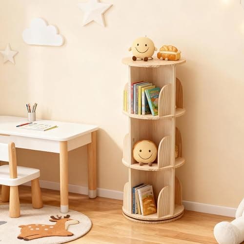 Bibliothèque rotative à 360 ° - En bois massif - Étagère sur pied - Multifonction - Étagère de rangement pour enfants et adultes - 3 étages - Diamètre : 39 cm - Hauteur : 98 cm thumbnail 8