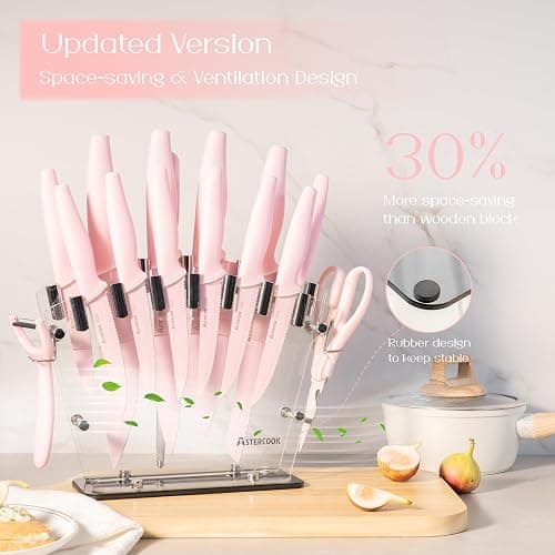 Astercook Kitchen Knife Set with Block and Sharpener 22 Piece German High Carbon Stainless Steel Knives Sharp Blade Dishwasher Safe Knife Set with Anti-slip Ergonomic Handle, Crystal Pink thumbnail 6