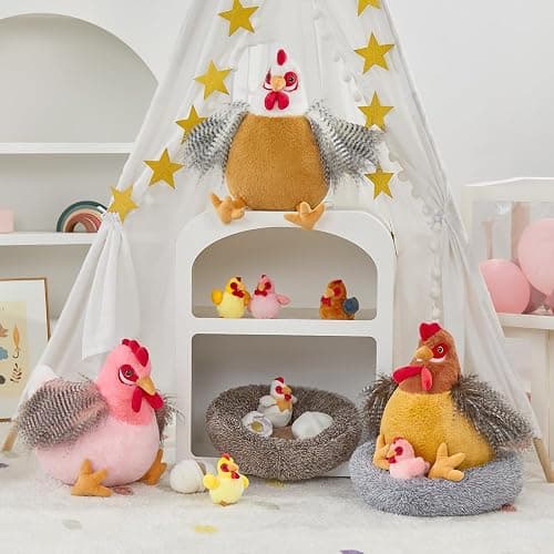 MaoGoLan 8Pcs Chicken Stuffed Animals, Stuffed Laying Hen Chicken Plush Toys with 3 Babies Chickens and 3 Eggs,1 Nest House Plush Set, Cute and Soft Farm Stuffed Animals Gift for Kids,Girls,Boys,Pink thumbnail 9