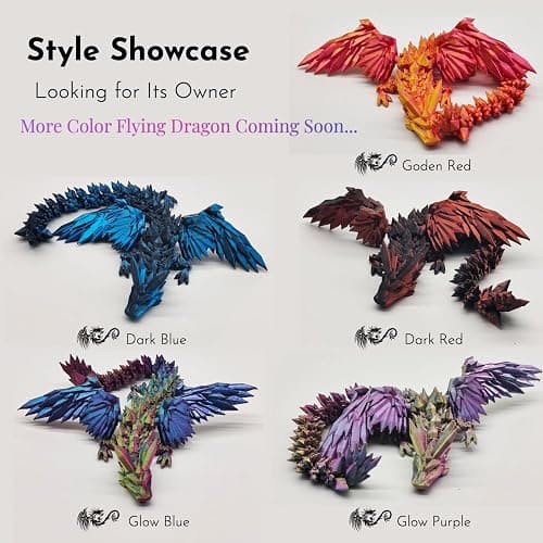 GemmiCho 3D Printed Dragon with Wings, Crystal 3D Printed Dragon, 3D Printed Animals, 3D Printed Movable Animals, Home Office Decor Executive Desk Toy (Dark Red) thumbnail 4