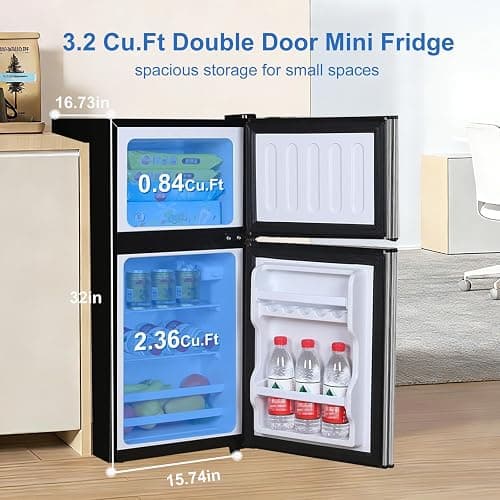 Cucina Magica Mini Fridge with Freezer, 3.2 cuft Small Refrigerator, 7 Adjustable Thermostat, Energy Saving, Low Noise, Double Door Compact Refrigerator for Dorm, Bedroom, Office - Silver thumbnail 2