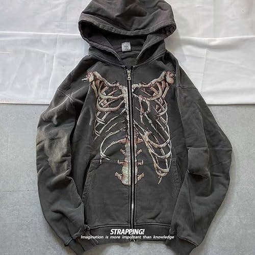 MLAFE Gothic Hooded Sweater Retro Bone Print Hooded sweatshirt Y2K zip-up jacket Grunge Hooded Sweater Harajuku upper garment thumbnail 2