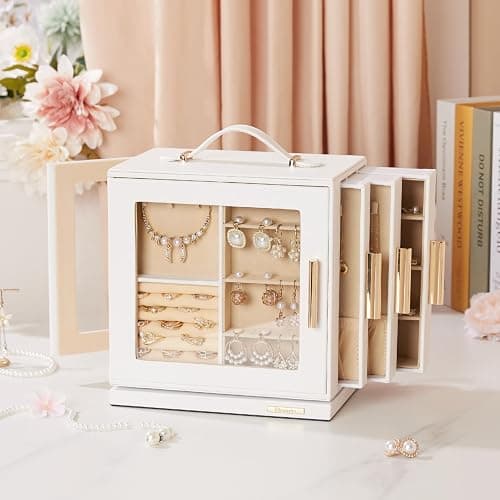Homde Christmas Gifts Jewelry Box 360° Rotating, Necklace Earring Organizer with Transparent Window, Mirror, 7 Drawers, Large Ring Display Storage Case for Girls Women (White) thumbnail 9