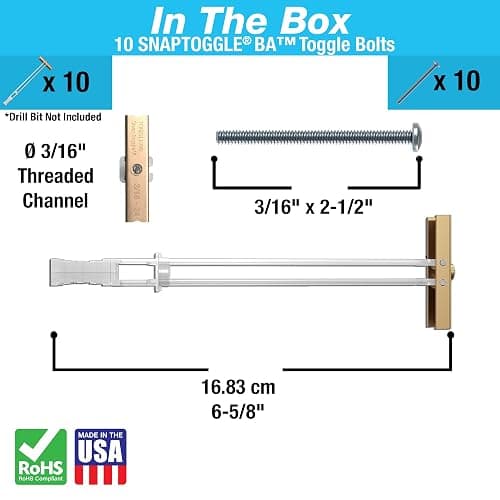 TOGGLER SNAPTOGGLE Heavy-Duty Drywall Toggle Bolt – 3/16"-24 UNC Zinc-Plated Anchor for Hollow Walls, Plaster & Tile – Holds 238 lbs in 1/2" Drywall, Easy Install – 10 Pack (with Bolts) thumbnail 2