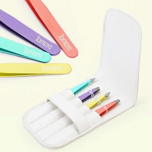 Tomata Tweezers for Eyebrows, Slant Tip and Pointed Eyebrow Tweezer Set Great Precision for Eyebrows Facial Hair, Ingrown Hair, Splinter, Blackhead and Tick Remover (4-piece) (Multi-color) thumbnail 5