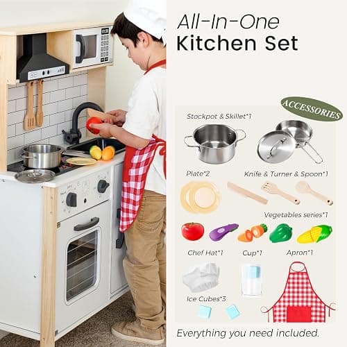 Tiny Land Play Kitchen for Kids, Wooden Kids Play Kitchen Playset Chef Pretend Play Set for Toddlers with Real Lights & Sounds, Toys Kitchen with 18 Pcs Toy Food & Cookware Accessories - White thumbnail 6