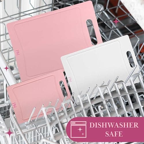 Paris Hilton Cutting Boards, Dual-Sided Cutting Board Set with Built-in Juice Grooves, Easy-Grip Handles, Heavy-Duty Plastic Made without BPA, Dishwasher Safe, 3-Piece Set, Pink and Cream thumbnail 7