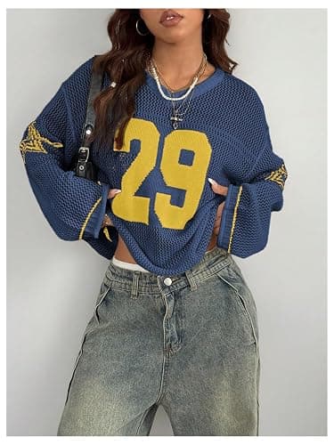QJQ Women's Oversized Jersey Shirts Long Sleeve V Neck Crochet Knit Sweater Tops Hollow Out Graphic Pullover thumbnail 3