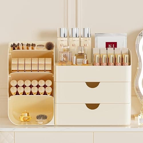 Makeup Organizer with Brush Holder for Vanity,Countertop Makeup Organizer with Drawers,Spacious Cosmetic Display Case,Perfect Storage Solution for Your Beauty Essential (Cream, Large) thumbnail 7