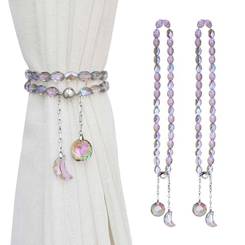 PEDOBO Magnetic Curtain Tiebacks, 2 Pack Crystal Beaded Sun & Moon Pendants Sheers/Draperies Holdbacks for Window Home Office Decor (Purple) - Image 1