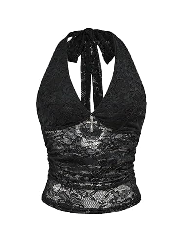 Verdusa Women's Y2k Gothic Goth Halter Top Mesh Sheer Backless Crop Going Out Tops Emo Grunge Witchy Clothes - Image 1