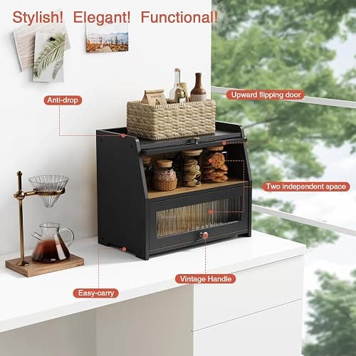 Goozii Large Bread Box for Kitchen Countertop, Black Bread Storage Container for Homemade Bread, Double Layer Farmhouse Breadbox Organizer for Kitchen Counter Cabinet, Pantry, Cupboard (Black) thumbnail 5