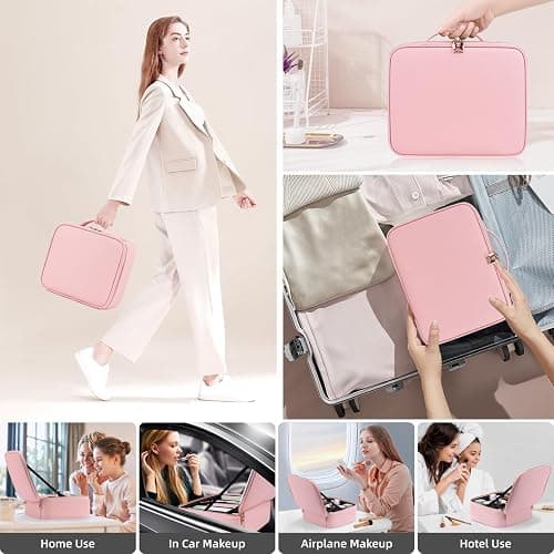 RRtide Makeup Bag with Mirror of LED Lighted, Travel Makeup Train Case Cosmetic Bag Organizer with Mirror and Lights, Make up Bag with Light up Mirror Adjustable Divider Brush Board thumbnail 6