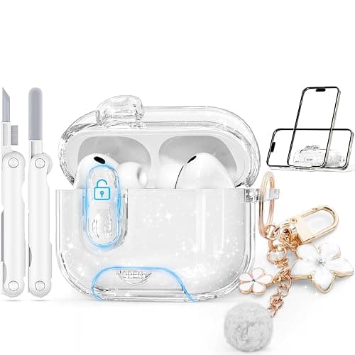Skyconser for AirPods Pro 3 Case 2025 with Safety Lock,Glitter White | Clear Case with Phone Stand & Cleaner Kit,Cute Floral Chain for Women Girls,Soft TPU Protective Cover,Shockproof thumbnail 2
