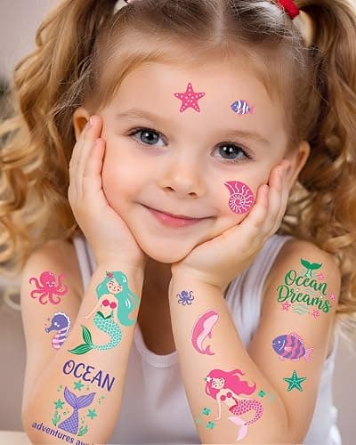 Mermaid Temporary Tattoos for Kids – 106 Cute Ocean & Mermaid Designs, Waterproof, Non-Toxic & Skin-Friendly, Easy to Apply, Perfect for Under the Sea Birthday Party Favors & Goodie Bags thumbnail 3