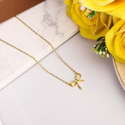 Mikovivi Gold Bow Necklace, Dainty Gold Bow Pendant, Trendy Necklace, Cute Jewelry for Women & Girls thumbnail 3