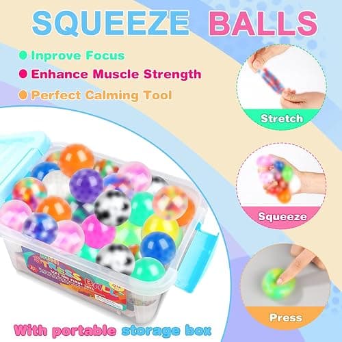 54Pack Stress Balls, Squishy Squeeze Balls Bulk Fidget for Adults Squishy Balls Stress Relief Balls, Stress Balls for Adults, Party Favors, Goodie Bag Stuffers thumbnail 4
