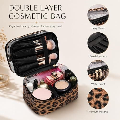 imerelez Double-layer Cosmetic Bag Makeup Bag Travel Makeup Bag Makeup Bags for Women Cosmetics Cases Portable Waterproof Foldable (Leopard) thumbnail 3