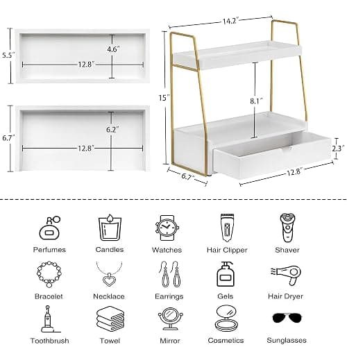 2-Tier Bathroom Organizer Countertop with Drawer, Wood Counter Organizer for Bathroom Decor, Sink Shelf for Vanity Storage, Makeup Tray for Perfume Skincare, Spice Rack Bedroom Kitchen Corner thumbnail 2