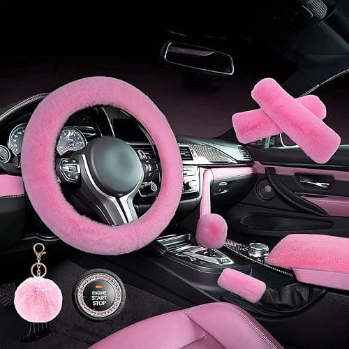 ZYNQACC 1 Set 8 Pieces Fluffy Steering Wheel Cover Set,Warm Soft Fuzzy Steering Wheel Covers for Women/Girls,Universal 15 Inches Girls Car Accessories (Pink) - Image 1
