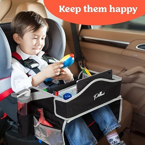 PILLANI Kids Travel Tray for Car - Car Seat Tray for Kids Travel, Road Trip Essentials Must Haves - Carseat Table Roadtrip Activities - Toddler Lap Desk Organizer for Airplane - Kids Travel Essentials - Blue Dinosaur thumbnail 4