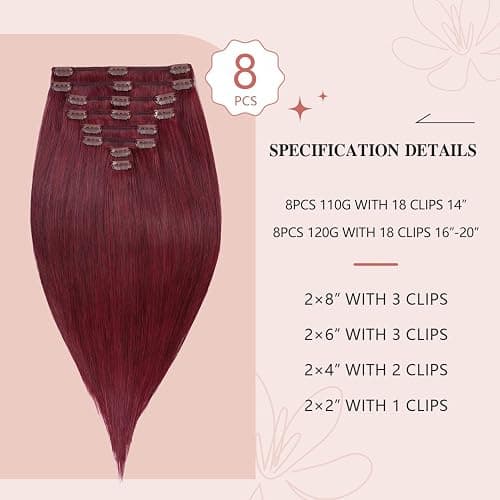 YILITE Clip in Extensions Echthaar 35cm 100% Echthaar Extensions Clip 14 Zoll 8 Stück 110g Unsichtbar Glatt Zum Anklippen Menschenhaar Doppelt Genäht (35cm #99j Burgunderrot) thumbnail 5