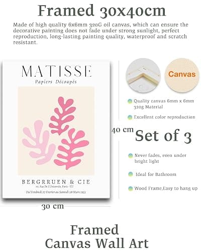HesenDot Matisse Pink Framed Wall Art,30x40CM Abstract Canvas Wall Decor Set of 3,Boho Minimalist Art Posters Prints,Aesthetic Home Decoration for Living Room Bedroom Bathroom Kitchen thumbnail 2