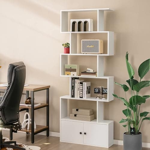 Giantex 6-Tier Geometric Bookcase with Cabinet, Freestanding Display Shelves with Anti-Tipping Device, Wood S-Shaped Bookshelf for Living Room, Bedroom, Study, White thumbnail 2