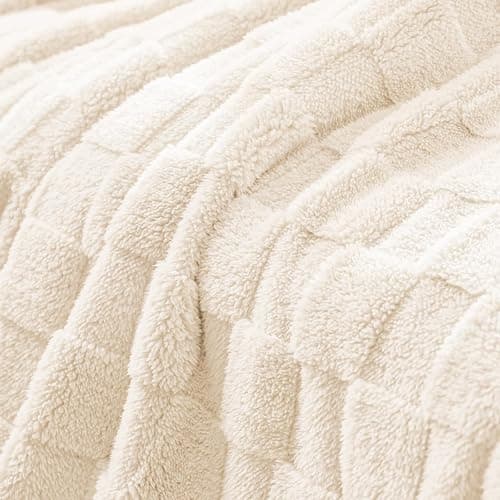 Exclusivo Mezcla Fleece Throw Blanket for Couch,Super Soft and Warm Lightweight Checkered Pattern Blankets for All Seasons, 50x60 Inches, Ivory thumbnail 5