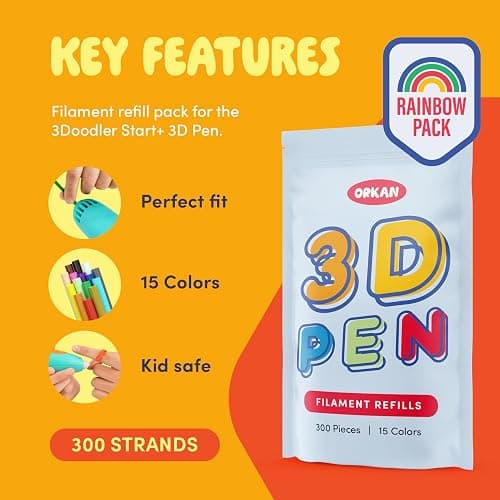 300 x ORKAN 3D Pen Filament Refills | Only Compatible with The 3Doodler Start+ | 15 Rainbow Colors | 6" x 2.5mm PCL Eco-Filament Strands | Safe for Kids | Only for 3Doodler Start+ 3D Pen thumbnail 2