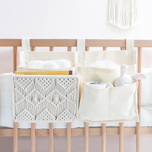 Mkono Bedside Caddy, Macrame Bunk Bed Hanging Organizer, 7 Pockets Ivory | Dorm Room Essentials, Boho Storage Bag, Remote Books Magazines Phone Snacks Drinks Holder, Bedroom Nursery Loft Baby Bed Rail thumbnail 8
