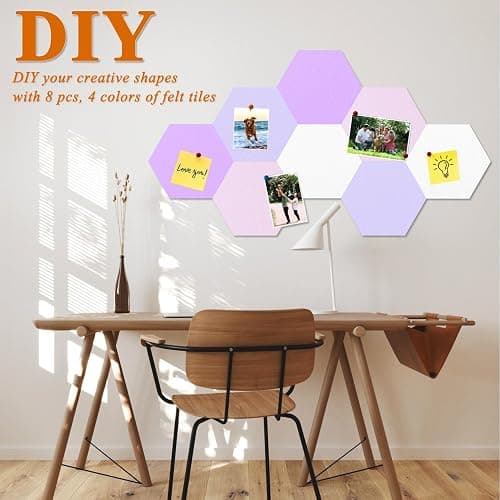 HULAVO 8 Pcs Hexagon Felt Cork Bulletin Board Tiles, Self Adhesive DIY Bulletin Board Pin Board for Office School Home Wall Decor Memos Photos Display(Purple & Pink) thumbnail 4