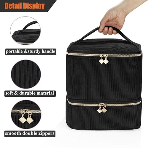 Corduroy Nail Polish Organizer and Nail Lamp Case, Nail Kit Organizer Holds 30 Bottles (15ml - 0.5 fl.oz) and a Nail Lamp, Nail Polish Carrying Case with Manicure Tools Storage Sections (Black) thumbnail 3