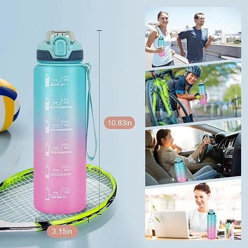 SEASEVEN 1L Water Bottle with Straw,Plastic Drinks Bottle,1 Litre Sports Water Bottles with Time Markings,Girls Boys Waterbottle Leak-Proof & Bpa-Free for Gym,Cycling, Office (Cyan-Pink) thumbnail 5